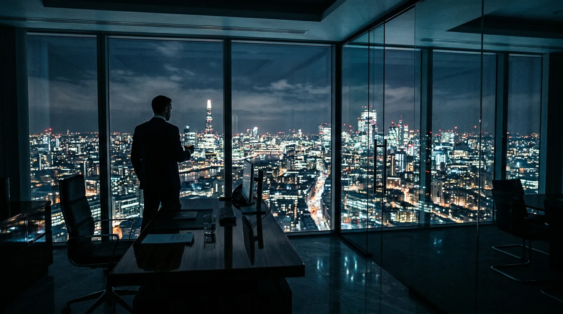 Executive overlooking city skyline at night from a high-rise office